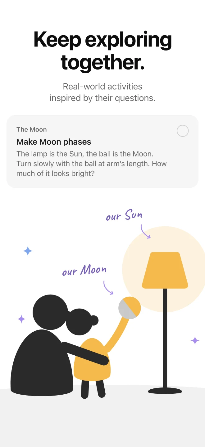 Pukki app screenshot. Headline: Keep exploring together. A card, “Make Moon phases”, above a drawing of a parent and a child holding a ball up to a lamp: the lamp is the Sun, the ball is the Moon.