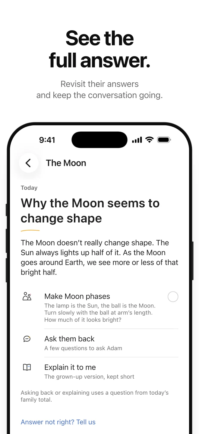 Pukki app screenshot. Headline: See the full answer. An iPhone showing one question, “Why the Moon seems to change shape”, Pukki’s answer in full, and three rows: Make Moon phases, Ask them back, Explain it to me.
