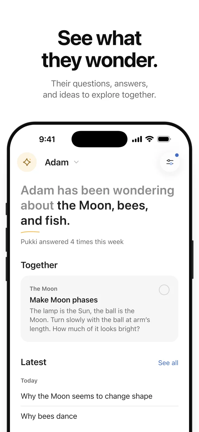 Pukki app screenshot. Headline: See what they wonder. An iPhone showing the parent’s Home for a child called Adam: “Adam has been wondering about the Moon, bees, and fish”, a Together card, “Make Moon phases”, and the latest questions.